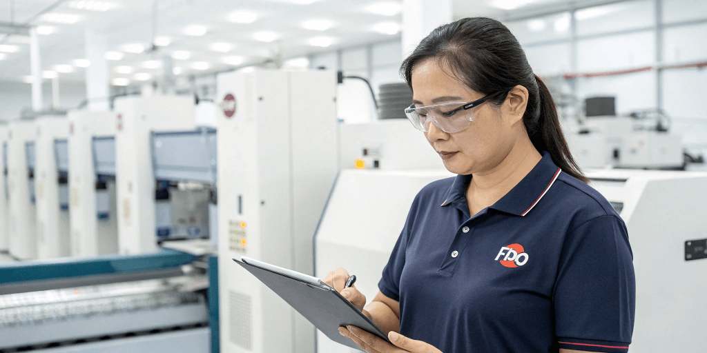 Female quality inspector wearing safety glasses audits equipment in a clean packaging factory.