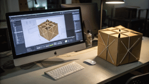 A computer screen displaying a complex packaging design next to its physical prototype.