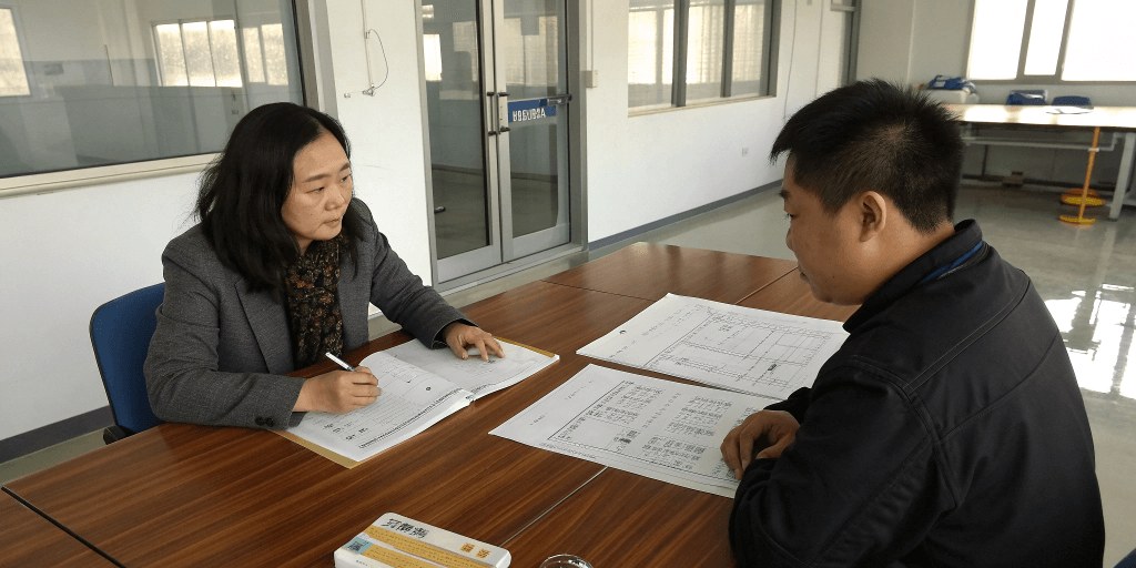 A professional sourcing agent reviewing factory audit documents with a manager