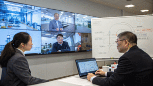 Team in a video conference meeting with colleagues displayed on a large screen.