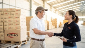 Two businessmen shaking hands in a large, bright warehouse filled with stacked boxes