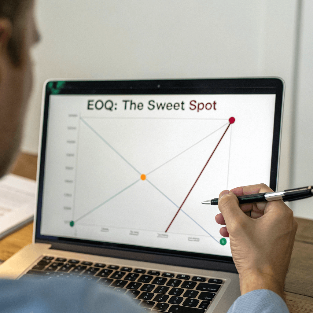 Chart displaying Economic Order Quantity intersection of ordering costs and holding costs.