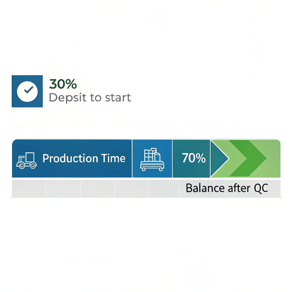 Infographic timeline showing the standard 30% deposit and 70% balance payment terms.