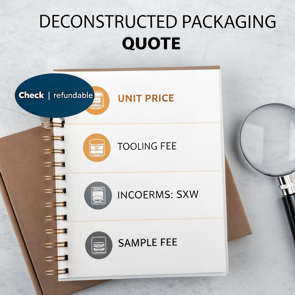 Infographic breaking down a packaging quotation into unit price, tooling, and Incoterms sections.