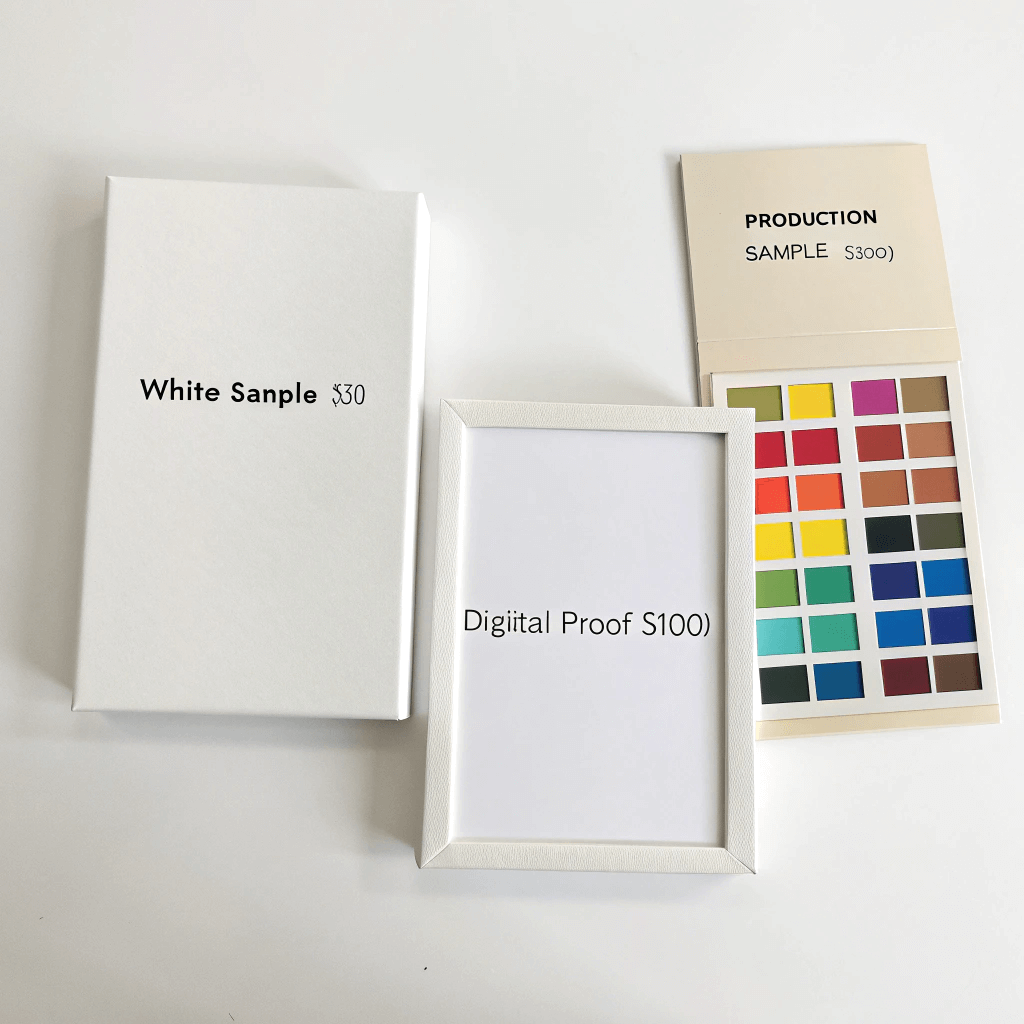 Comparison of white structural samples, digital proofs, and finished production packaging.
