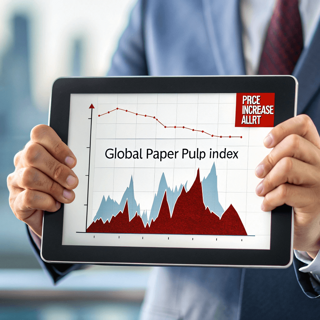 Business professional reviewing global paper pulp price volatility chart on a digital tablet.