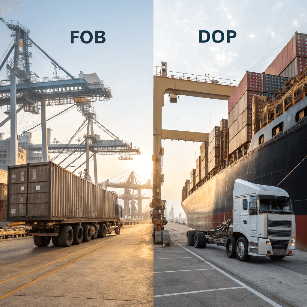 Split screen comparing FOB port loading in China against DDP warehouse delivery in the US.