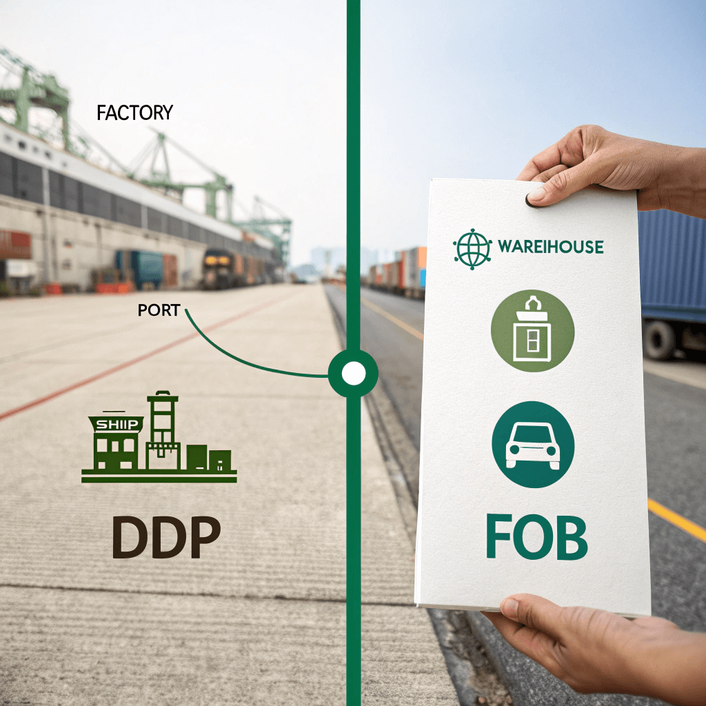 Infographic comparing DDP versus FOB shipping responsibilities and risk transfer points.
