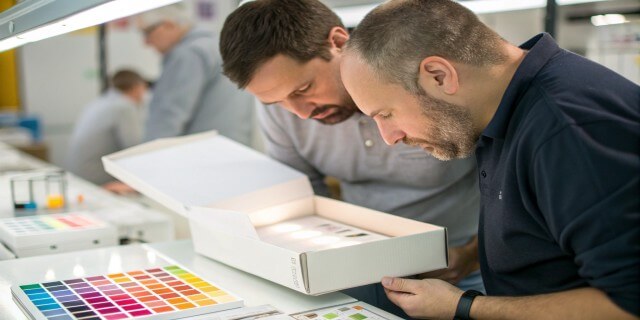 Two men closely inspecting the quality of a custom packaging box and colors.