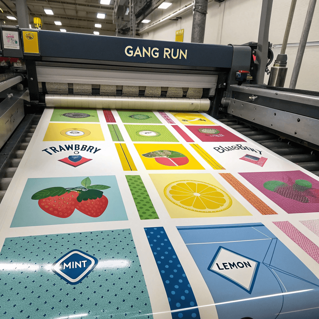Offset printing sheet displaying multiple packaging designs to demonstrate gang run production efficiency.
