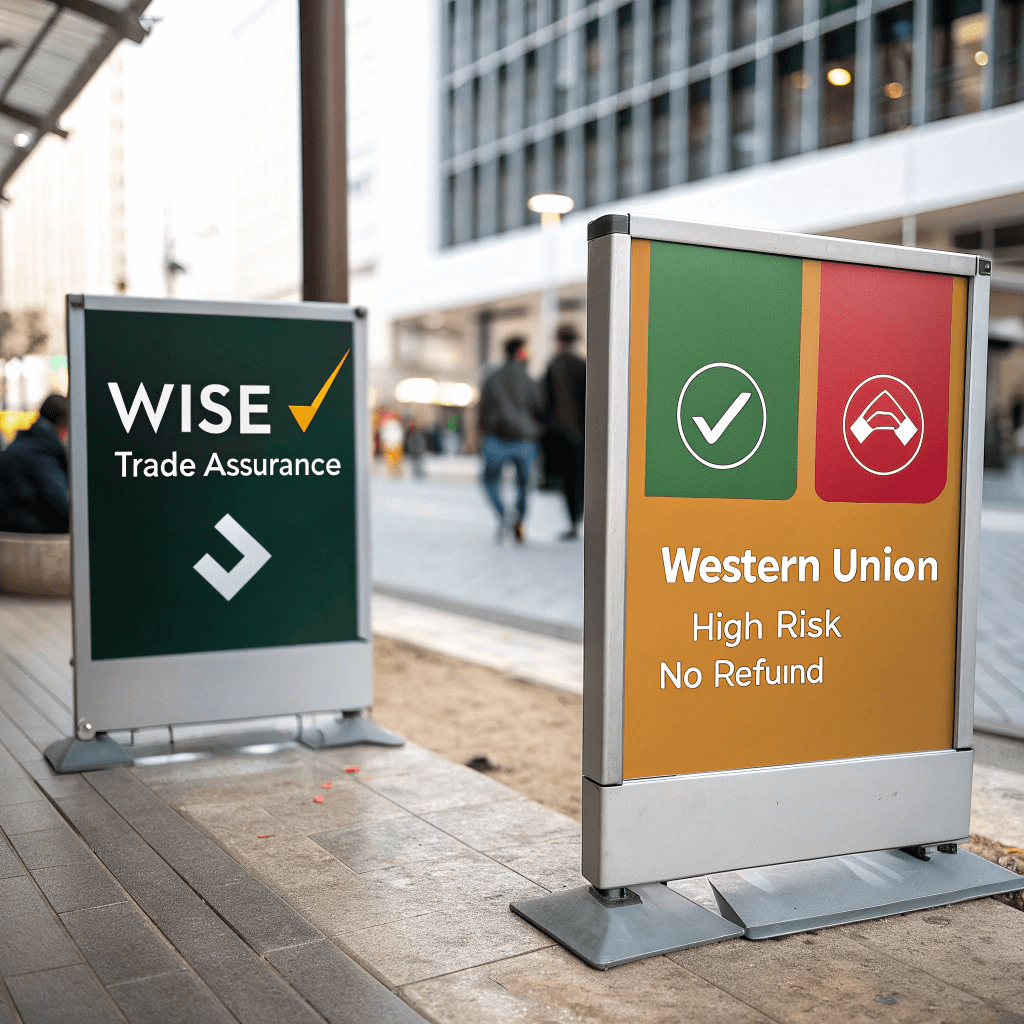 Comparison of secure business payment methods versus risky personal transfer options for suppliers.