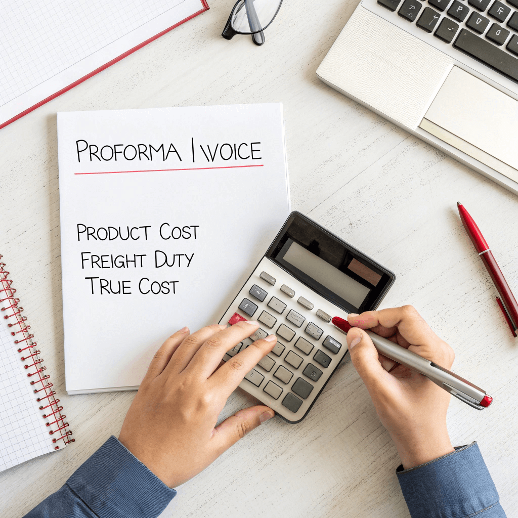 Person calculating total landed cost including freight and duty on a proforma invoice.
