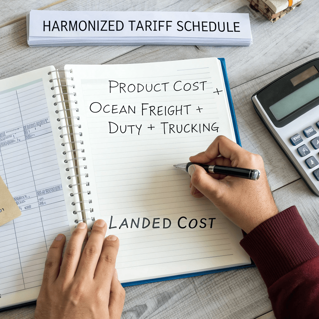 Procurement manager calculating total landed cost using HTS codes and freight invoices.