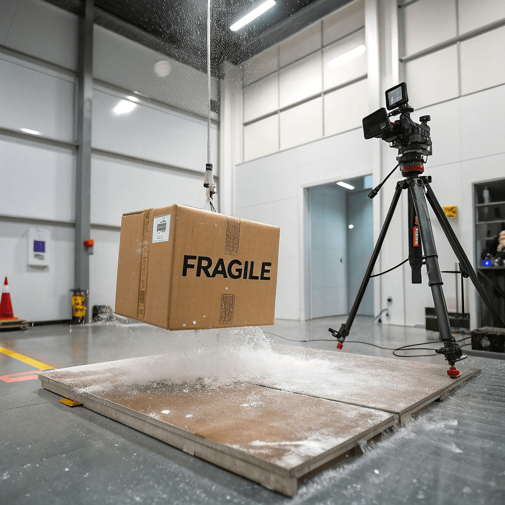 Corrugated shipping box mid-air during rigorous ISTA standard drop test.