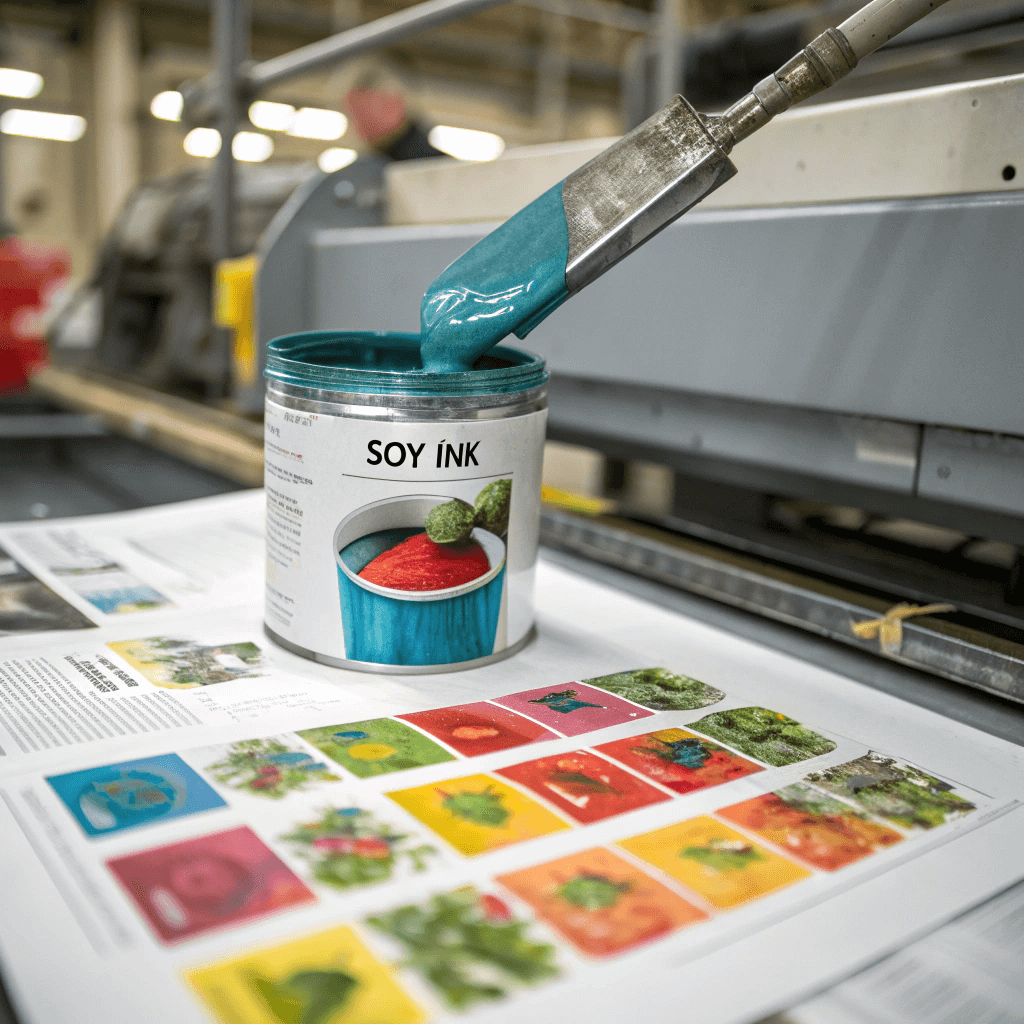 Vibrant cyan soy-based ink being prepared for eco-friendly packaging printing.