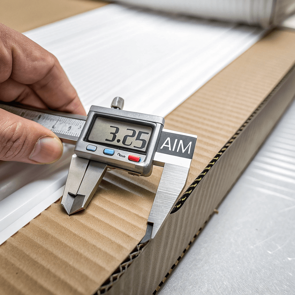 Digital caliper measuring corrugated box wall thickness for precise quality control.