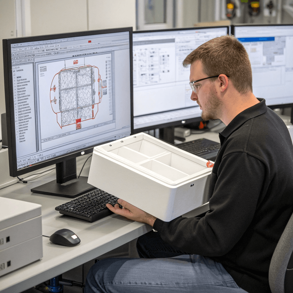 Engineer reviews packaging dielines and tests physical white sample prototype.