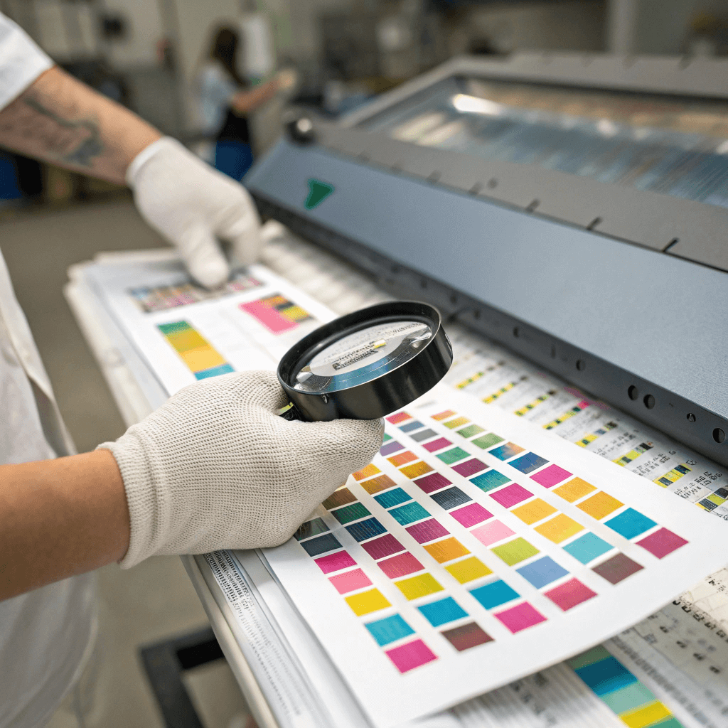 Technician inspecting crisp CMYK offset print quality using a magnifying loupe.