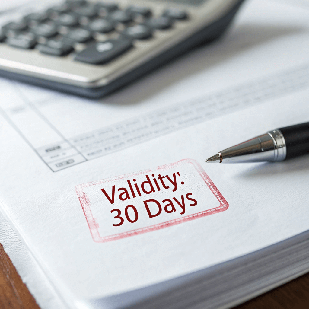 Close-up of valid for 30 days stamp on a professional packaging price quotation document.