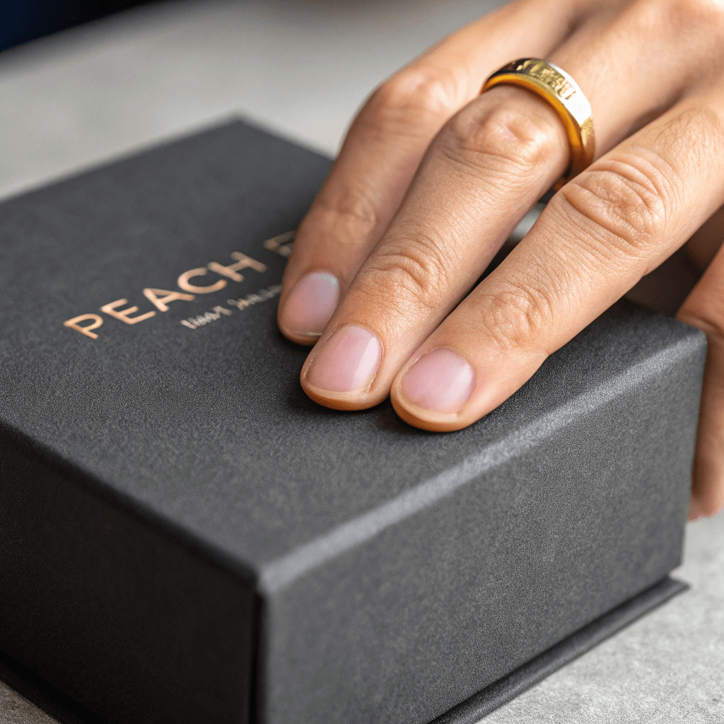 Finger touching a matte charcoal box to demonstrate soft touch lamination texture.