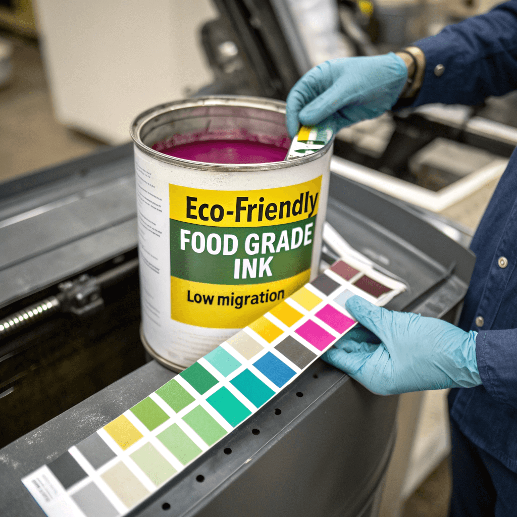 Technician inspects low migration food-grade ink canister for safe packaging printing.