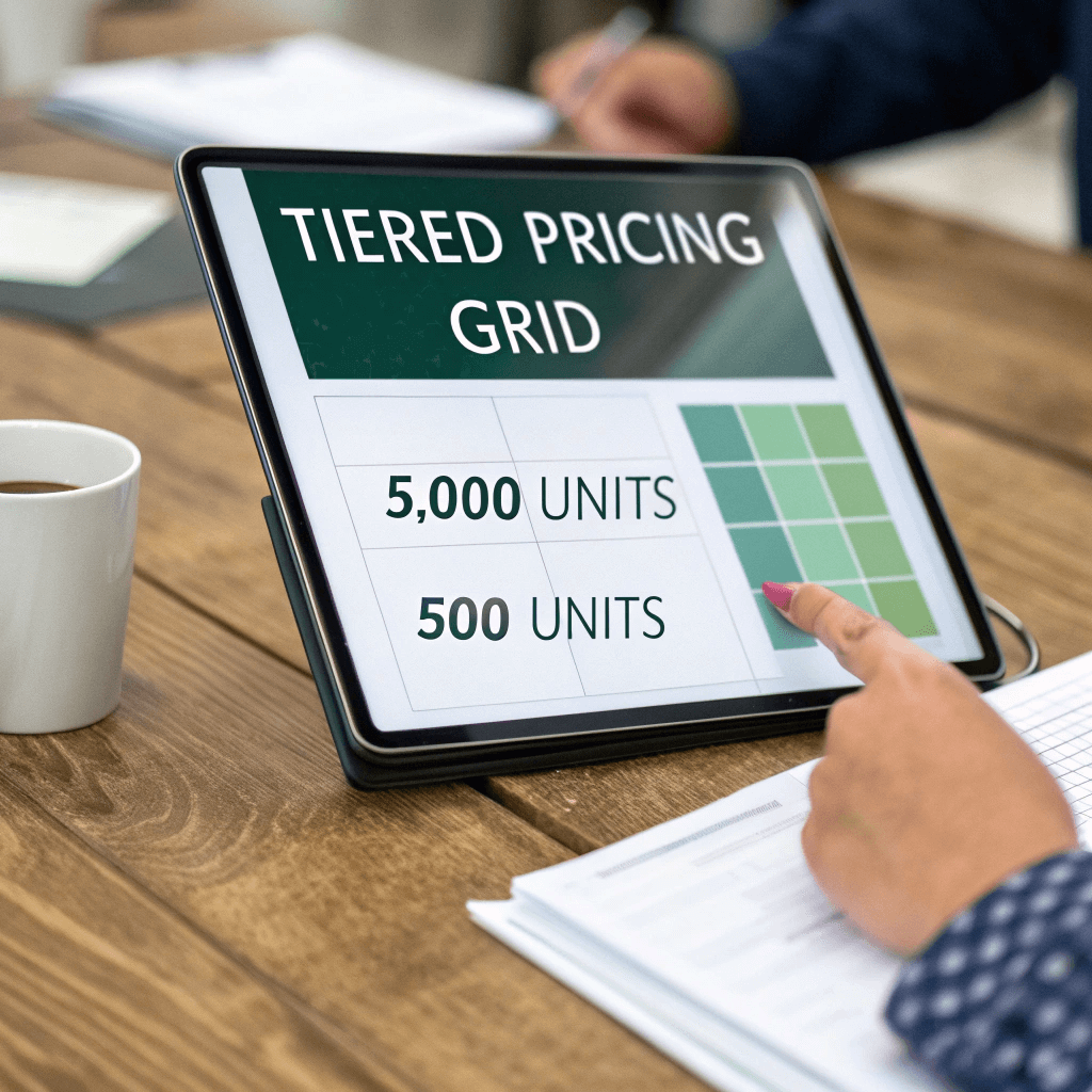 Finger pointing to a tiered pricing grid on a tablet highlighting volume discount savings.
