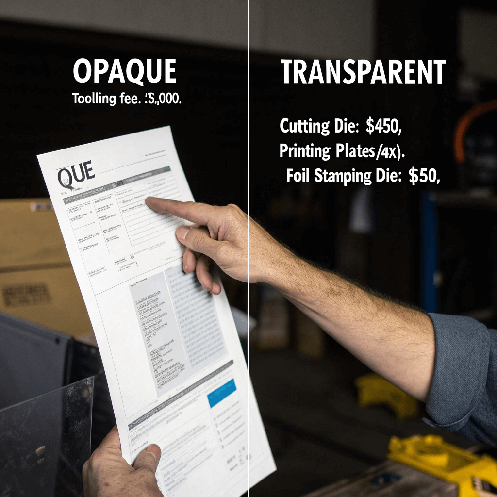A project manager reviews a detailed, itemized tooling cost quotation for custom packaging.