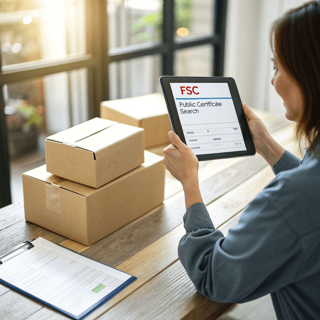 Sourcing specialist verifying FSC certification on kraft packaging using a tablet.