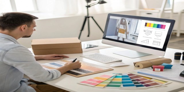 A designer creating custom packaging on a computer with color swatches nearby.
