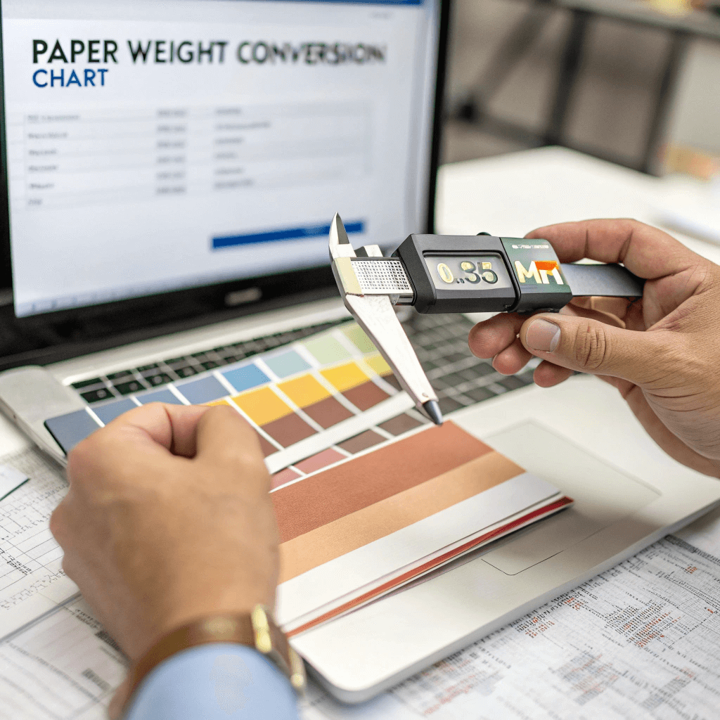 Quality control inspection measuring paper packaging thickness using a digital caliper.