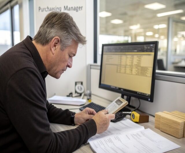 Purchasing manager calculating costs with a calculator and spreadsheet at his office desk.