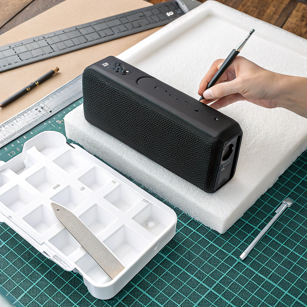 Electronic device fitting perfectly into a custom white paper pulp mold insert.