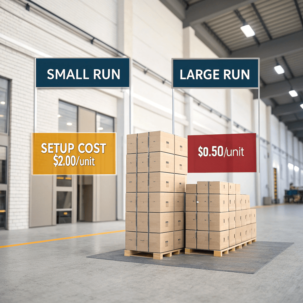 Visual comparison of fixed setup costs affecting unit price for small versus large orders.