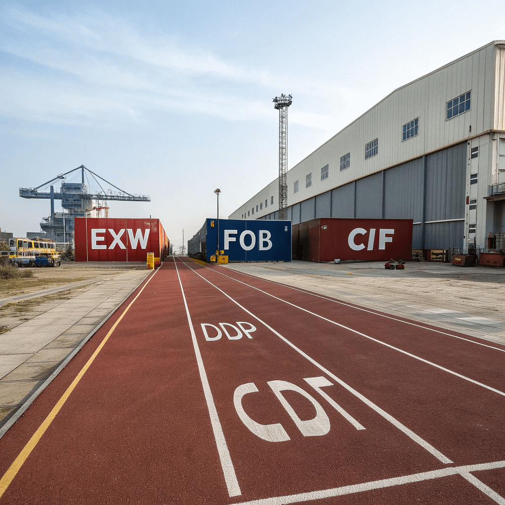 Illustration comparing shipping responsibilities for EXW, FOB, CIF, and DDP Incoterms.