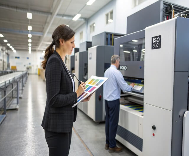 Female inspector checking color swatches in an ISO 9001 certified printing factory.