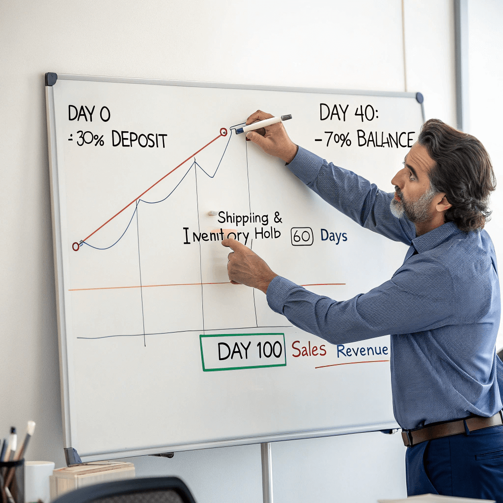 Timeline graph illustrating cash flow gaps between manufacturing payments and sales revenue.