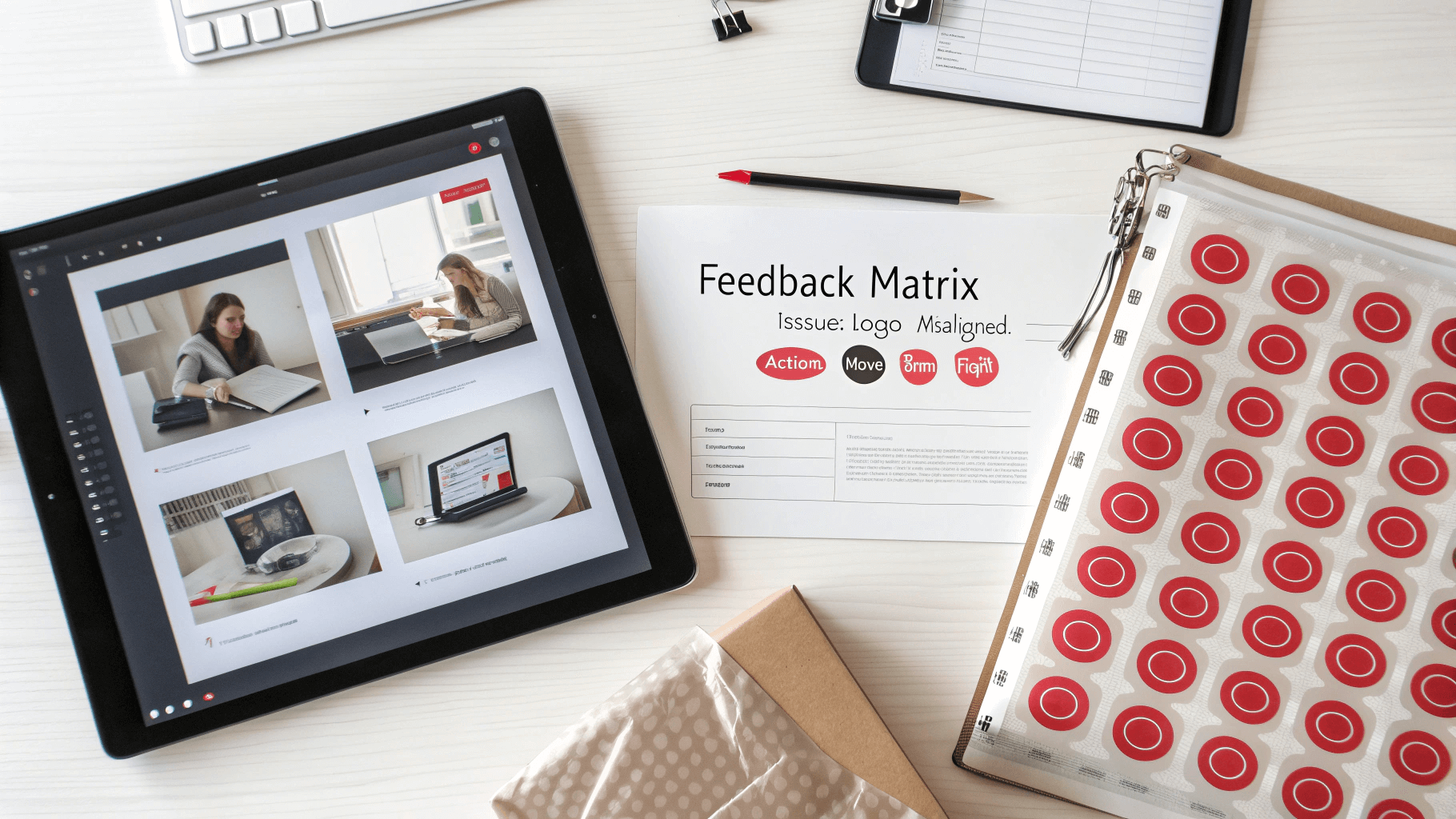 Visual Packaging Feedback Matrix Designer workspace showing packaging defects marked with red stickers next to a feedback matrix.