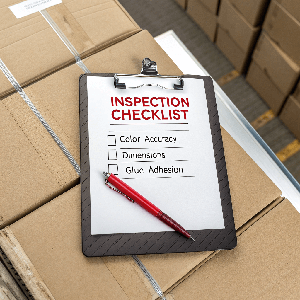 Packaging Inspection Checklist Packaging inspection checklist on clipboard with QC tools and boxes.