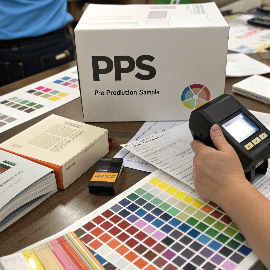 Pre-Production Sample Review Designer reviewing pre-production packaging sample finishes using Pantone swatches and tools.