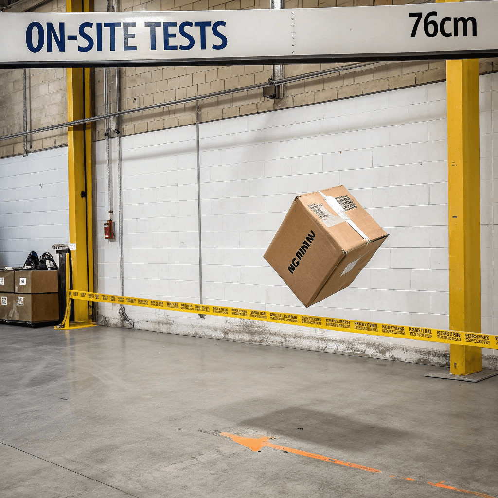 Master carton mid-air drop test verifying shipping box structural integrity.
