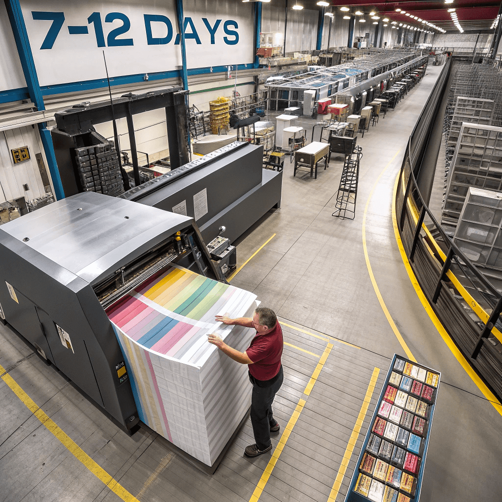 Heidelberg offset printing press producing folding cartons at high speed.