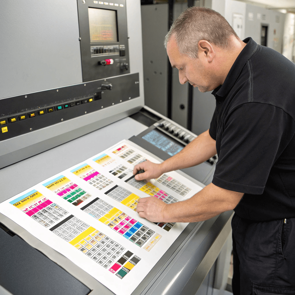 Offset Press Color Management Master printer measuring ink density on packaging sheet using spectrophotometer.