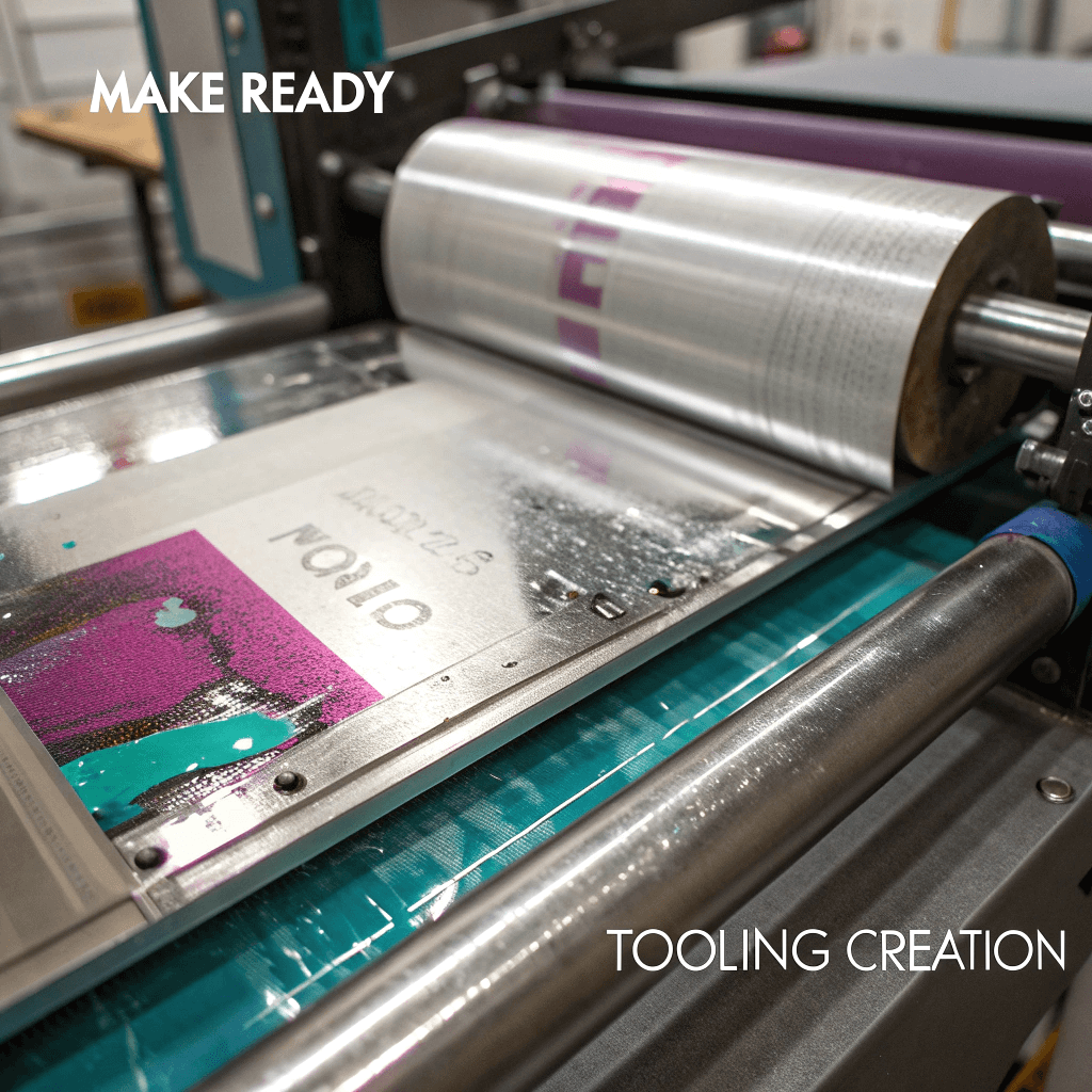 Aluminum offset printing plate being mounted onto a press cylinder for production.