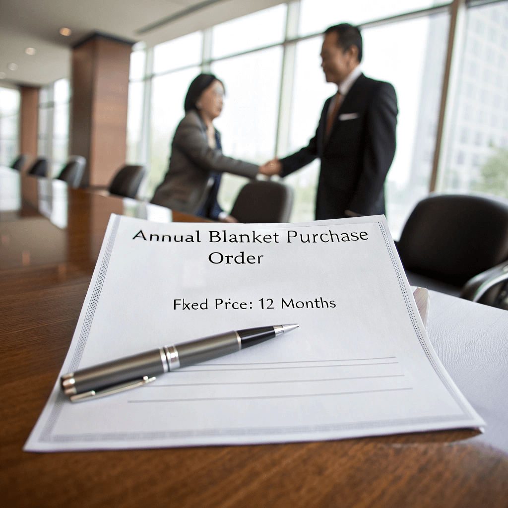 Signed annual blanket purchase order document with partners shaking hands to lock prices.