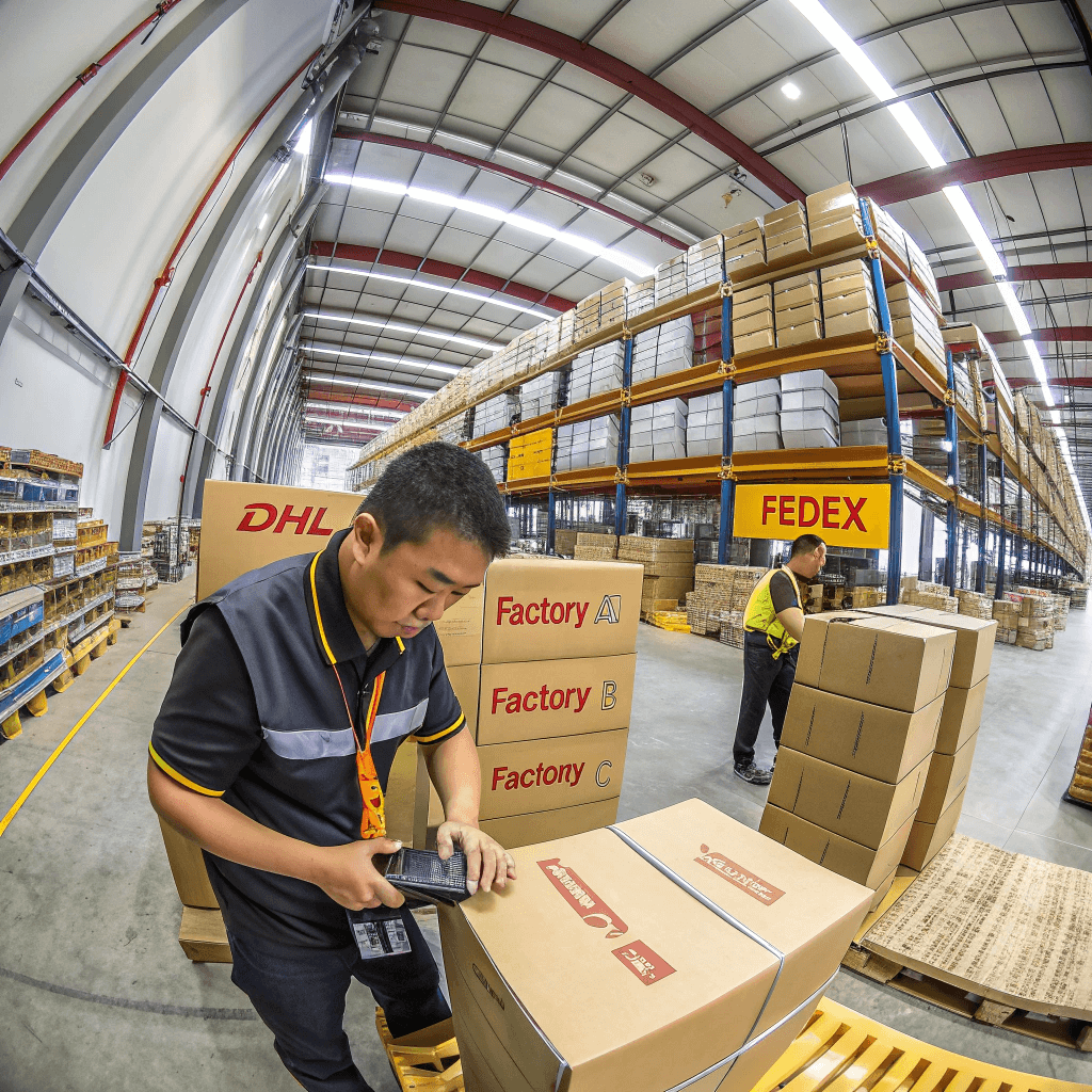 Logistics worker consolidates multiple factory samples into one master carton to save shipping costs.