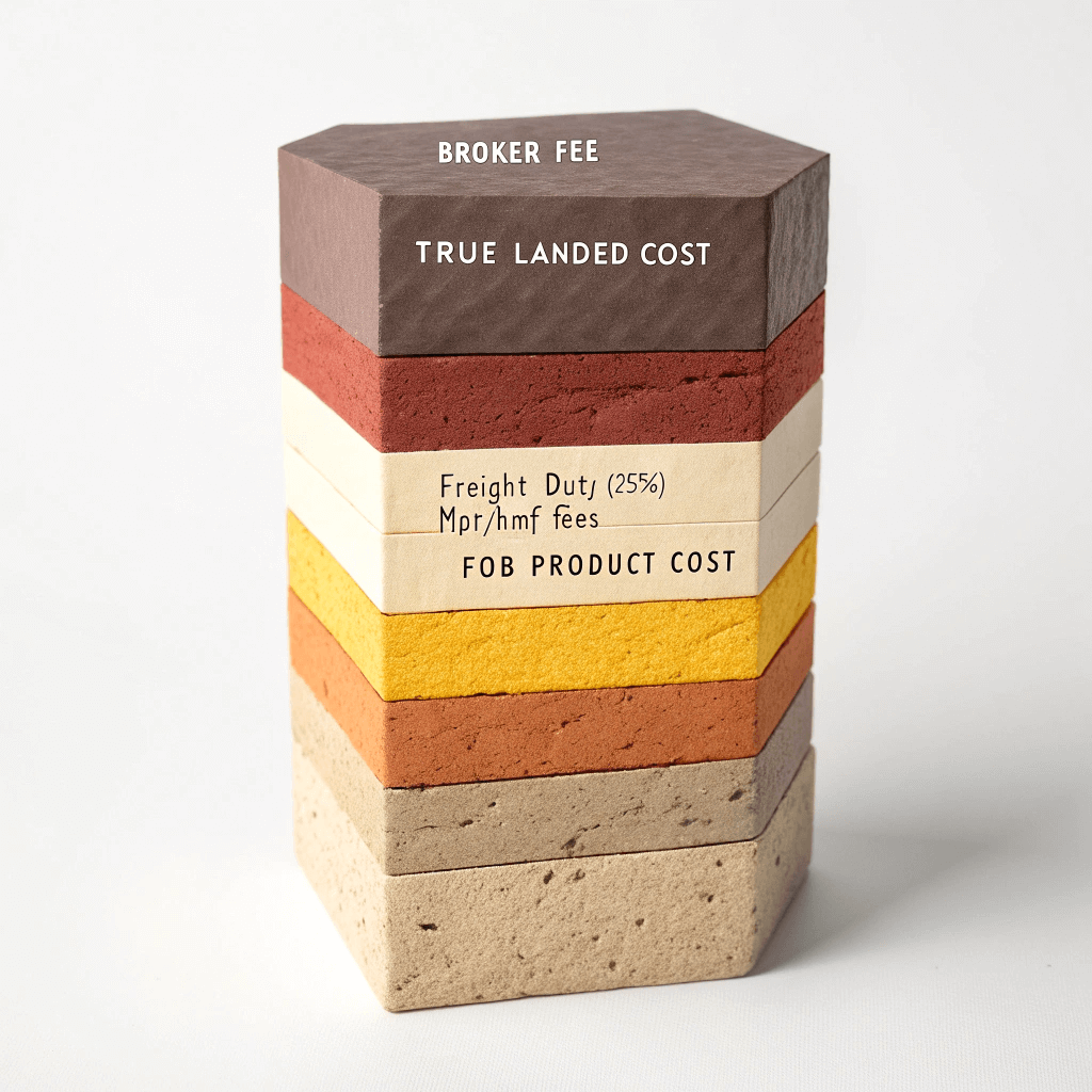 Landed Cost Breakdown Chart Sliced packaging box illustrating the breakdown of total landed cost including duties and freight.