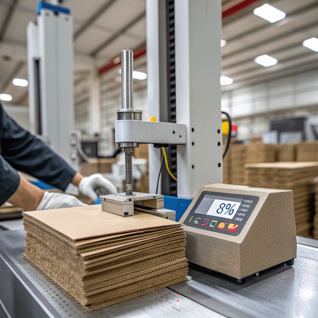 Corrugated Board Strength Test Technician performing edge crush test on corrugated cardboard in quality control lab.