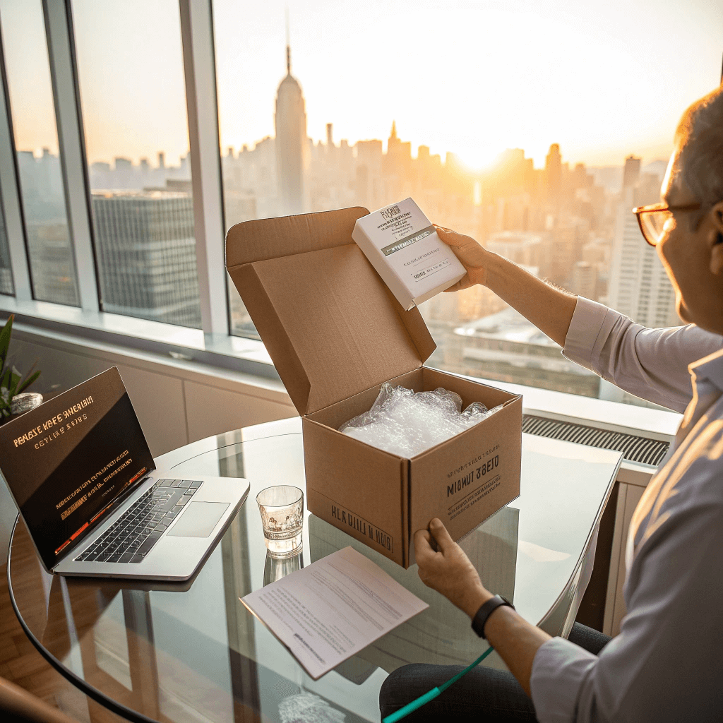 Business client unboxing a pristine custom packaging sample in a modern conference room.
