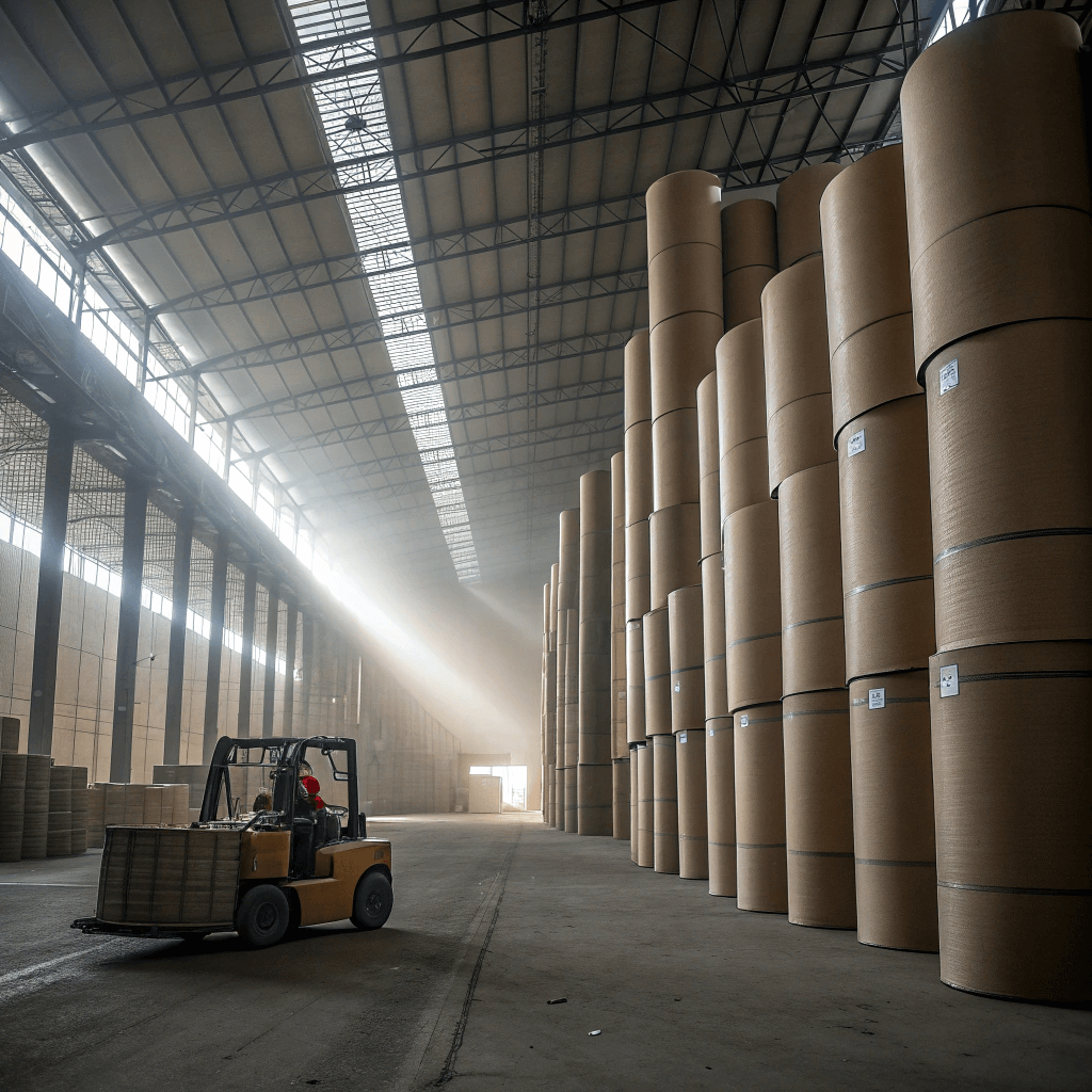 Massive industrial warehouse filled with stacked raw material paper rolls for packaging.