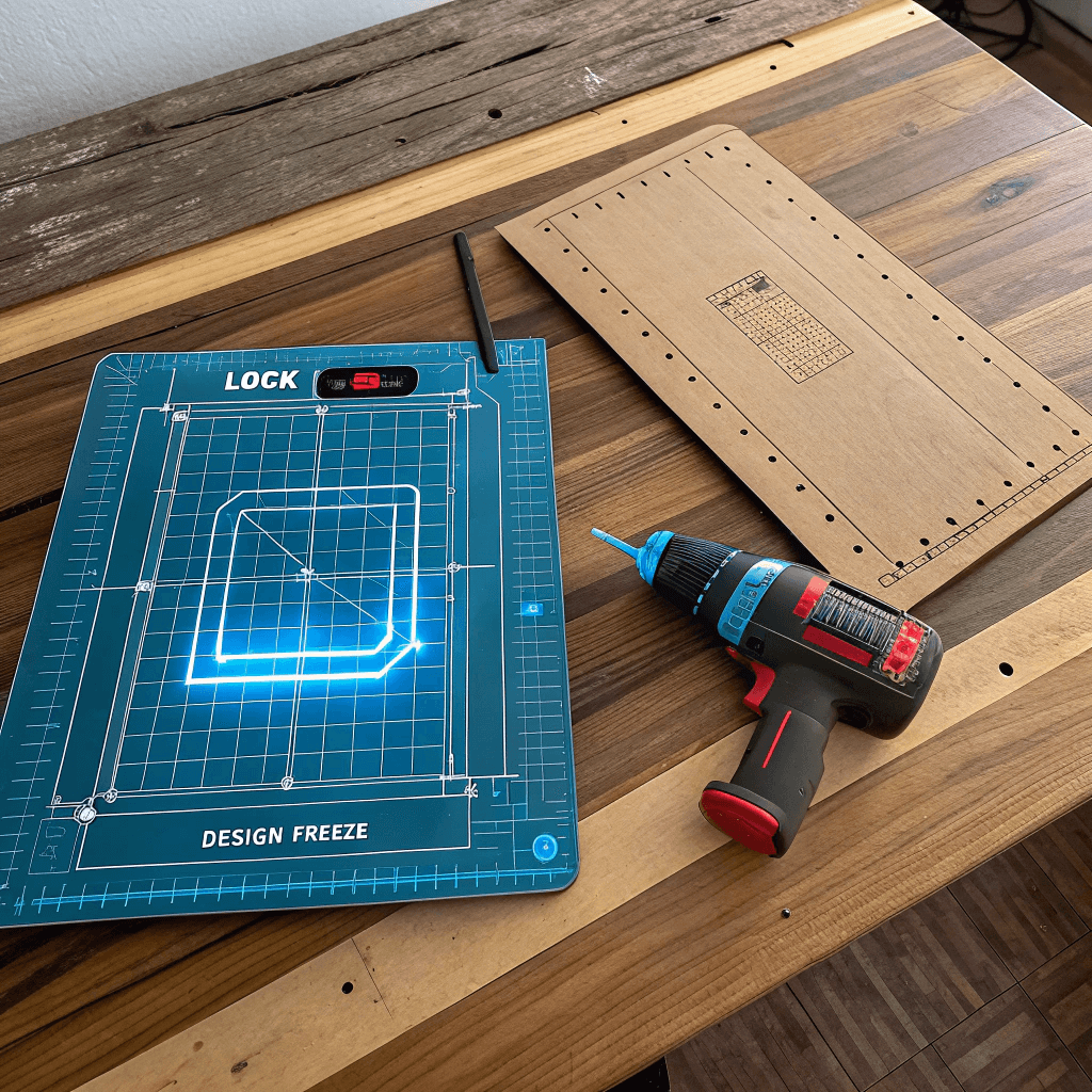 Digital CAD dieline overlaid on physical wooden packaging die board showing perfect alignment.